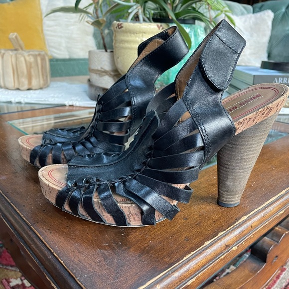 Miss Sixty black leather caged 4.5” cork cone-shaped heels, size 9, orig. $158- - Picture 4 of 6